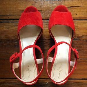 Red Suede Cole Haan Peep Toe Wedge Sandals